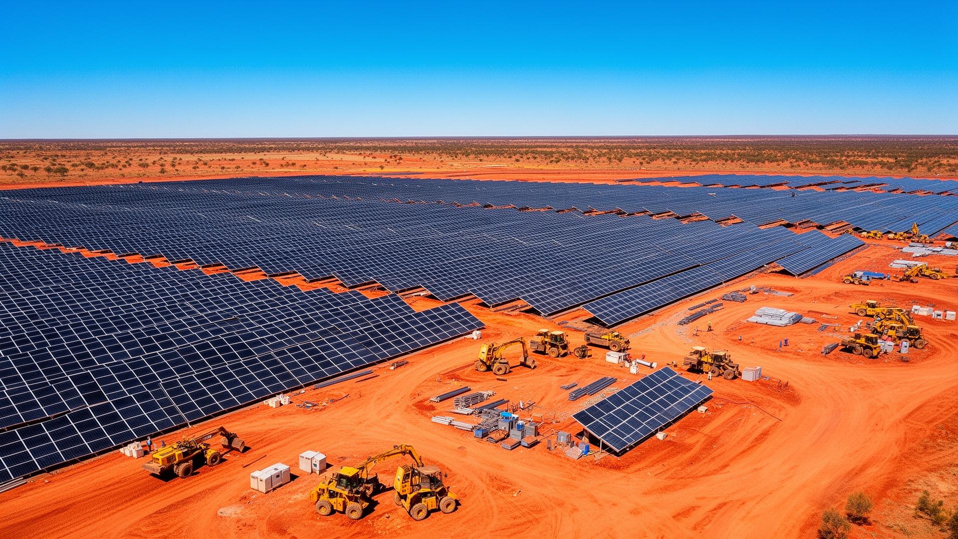 Solar farm under construction in Australian outback with rows of solar panels