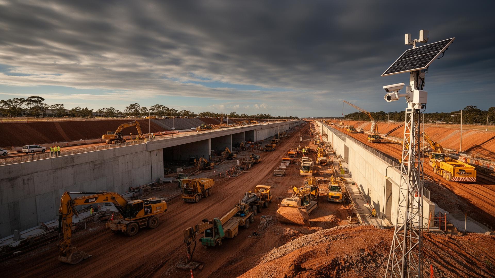 Major infrastructure construction site with heavy machinery and steel framework