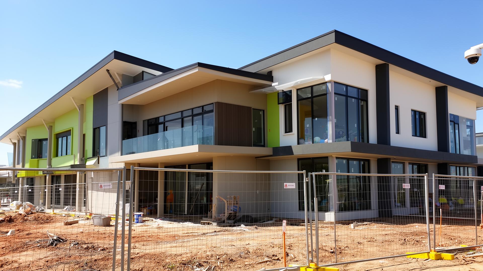 Childcare centre under construction with scaffolding and safety barriers