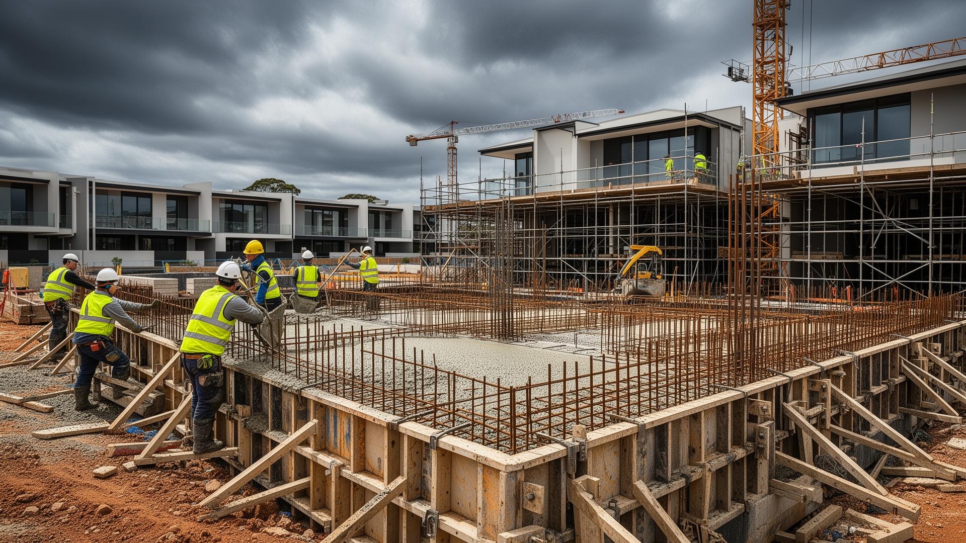 Australian building site with concrete formwork and construction workers
