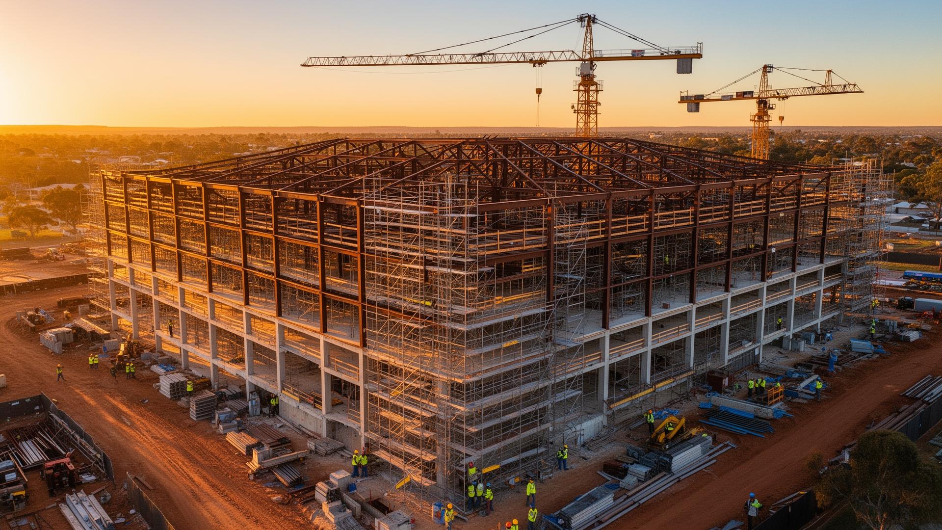 Australian construction site at golden hour with steel framework and cranes