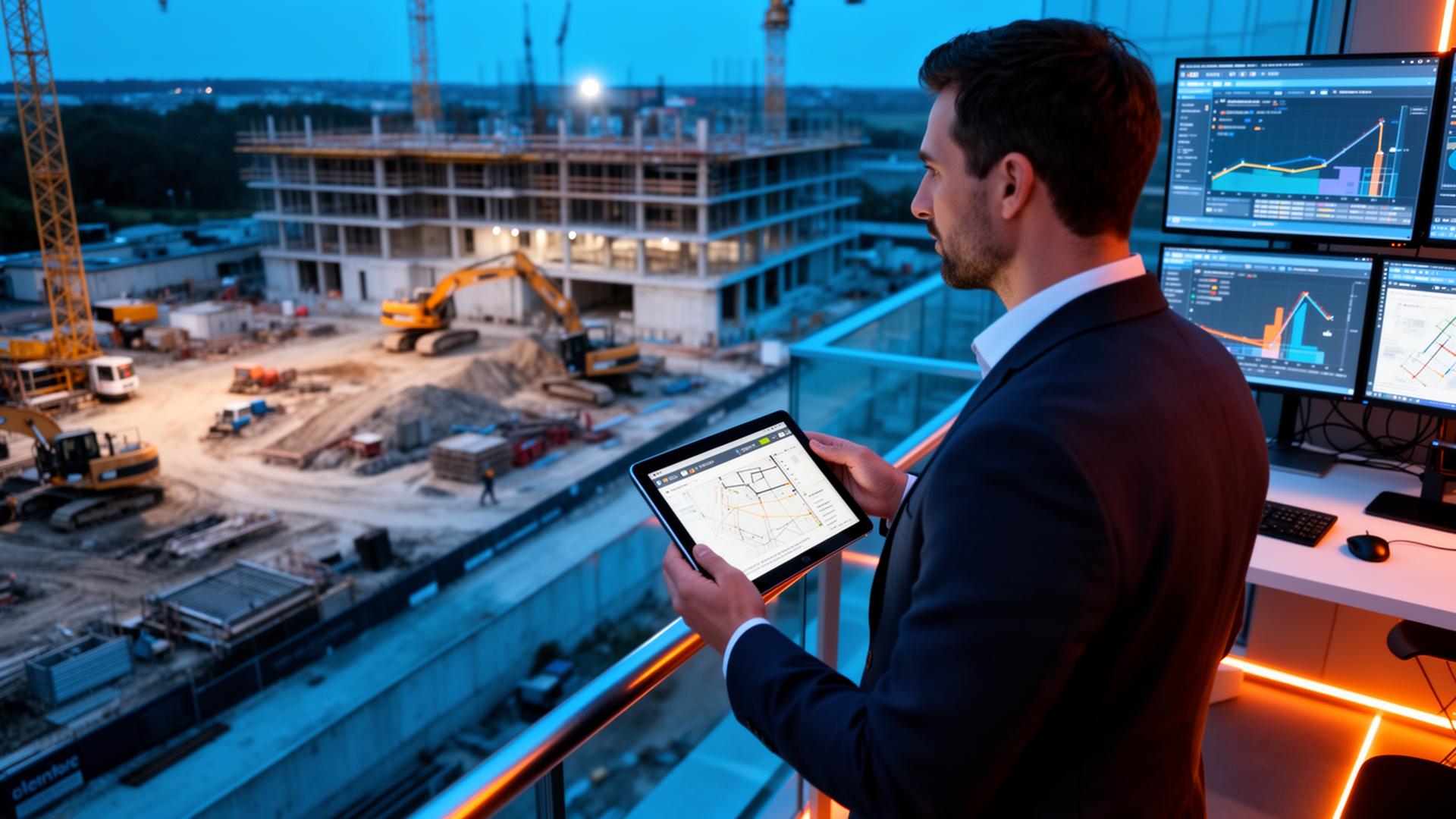 Project manager monitoring construction site remotely on tablet and screens