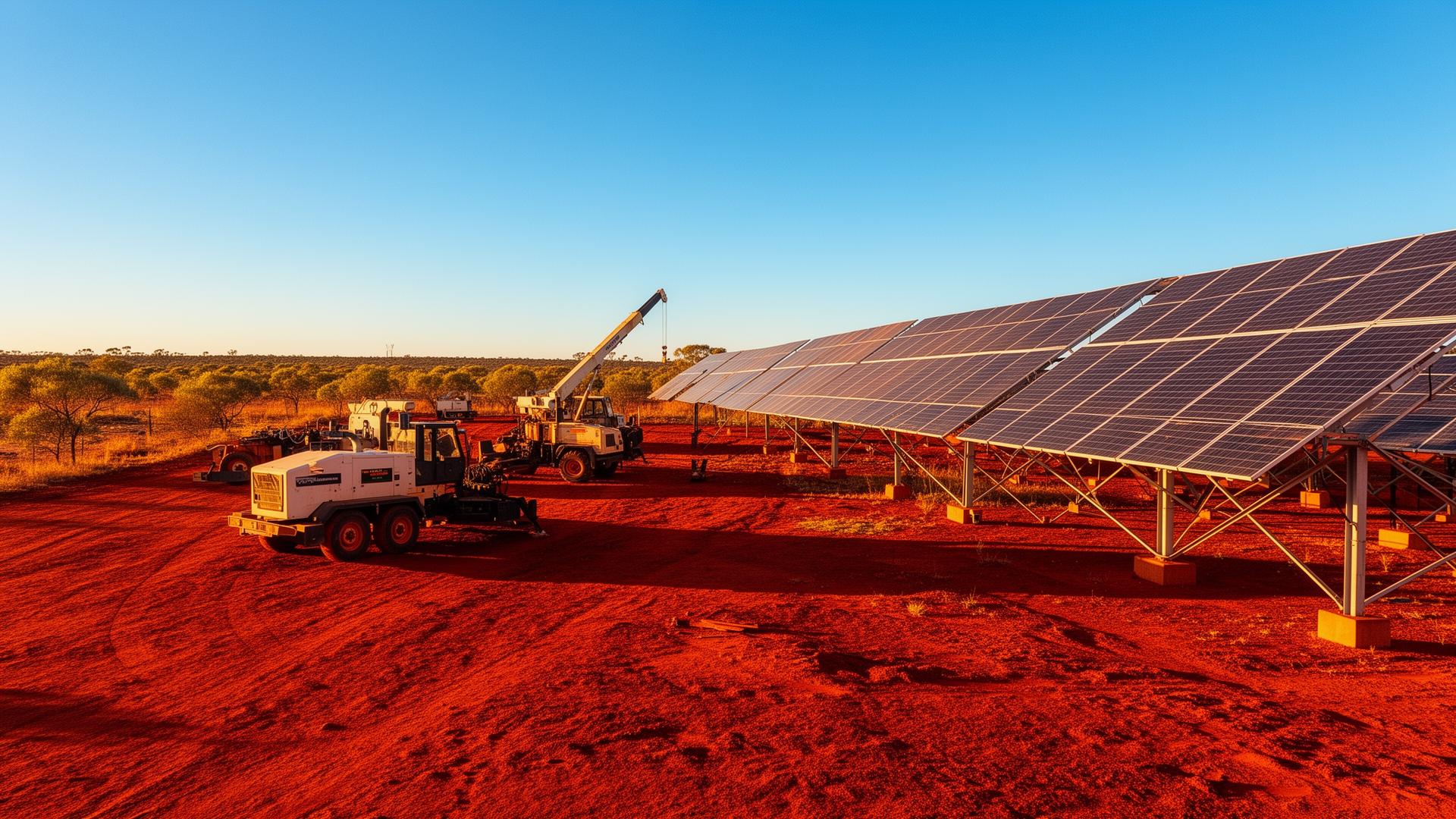 Remote Australian solar-powered construction site in outback landscape