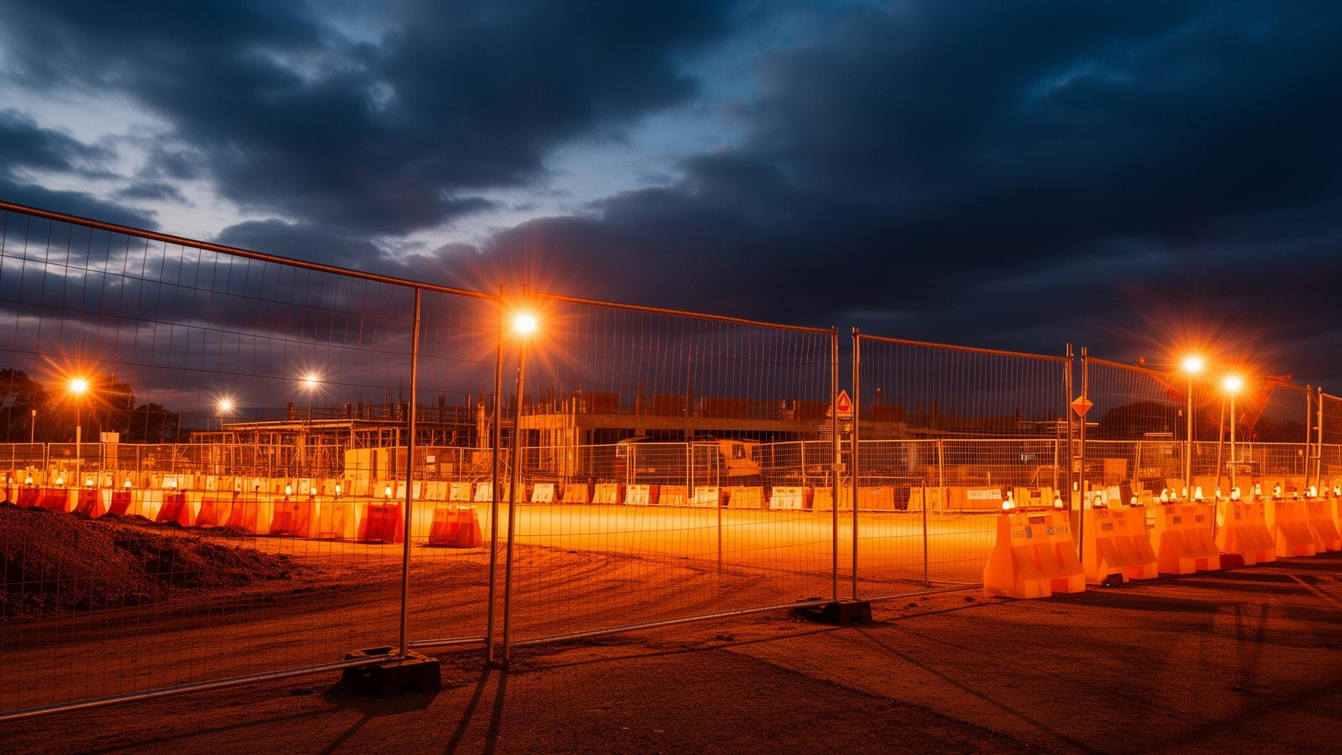 Construction site perimeter with security fencing at dusk