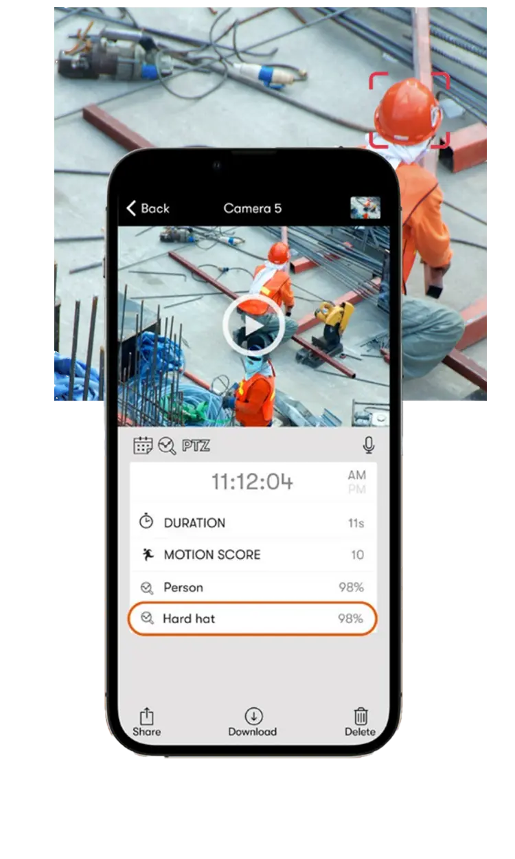 JobCam app showing AI analytics with person and hard hat detection