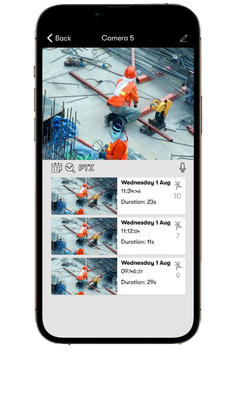 JobCam app showing motion events list