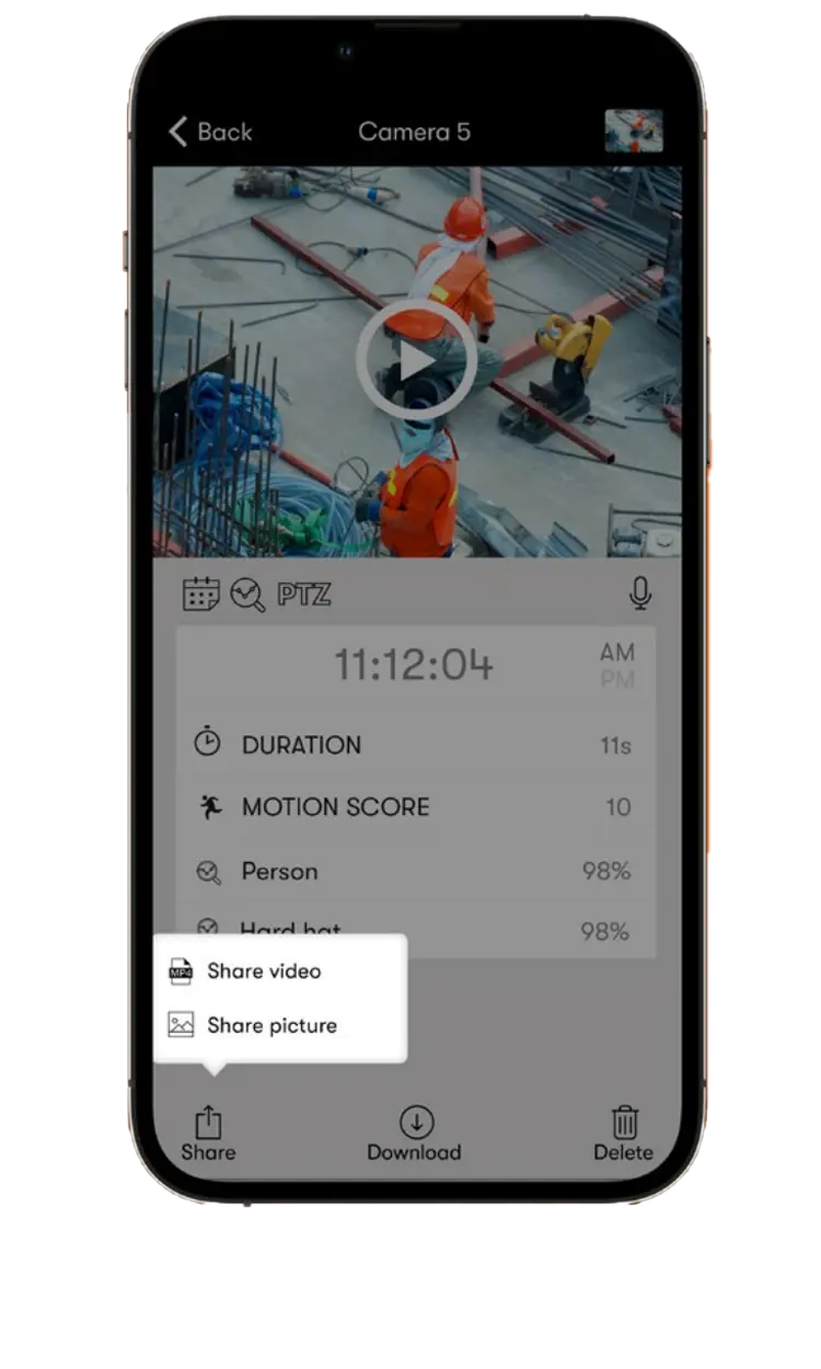 JobCam app share video and picture options