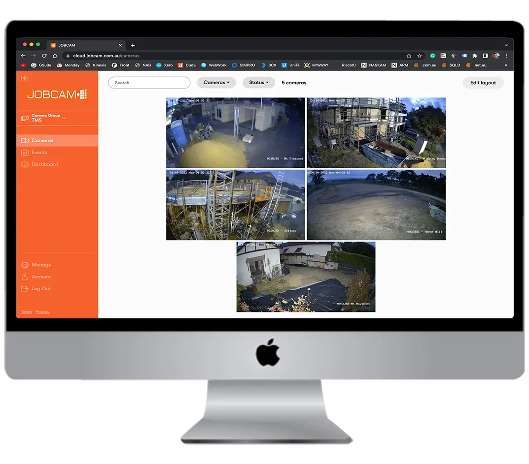 JobCam desktop dashboard showing multiple construction site camera feeds on an iMac display